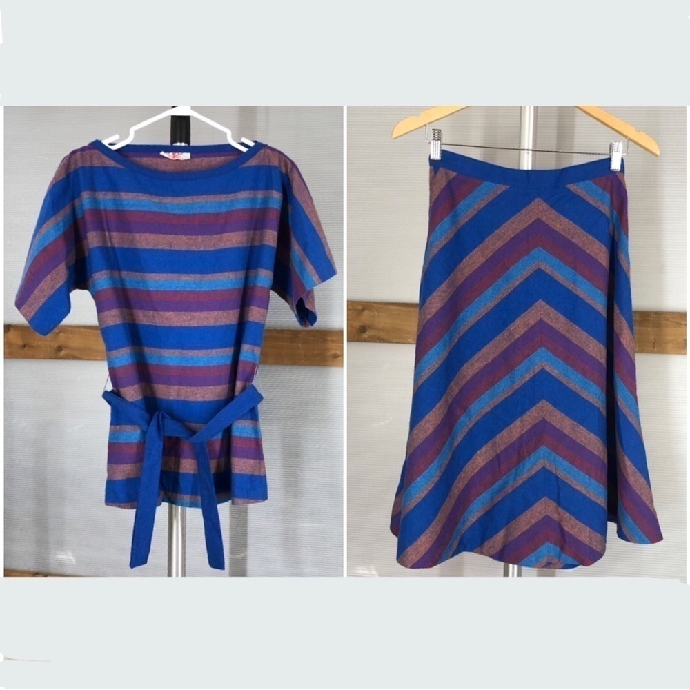 VTG Wool Blend Chevron A-Line Midi‎ Skirt & Stripe S/S Shirt Coord Set  Sz XS/S
